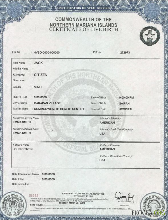 Acte de naissance des îles Mariannes du Nord des États Unis